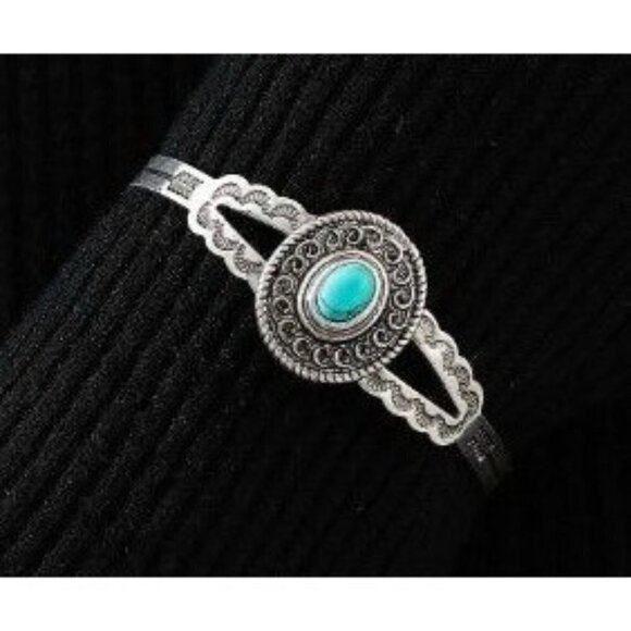 Turquoise and Antique Silver Southwest Style Cuff Bracelet - Picture 2 of 2